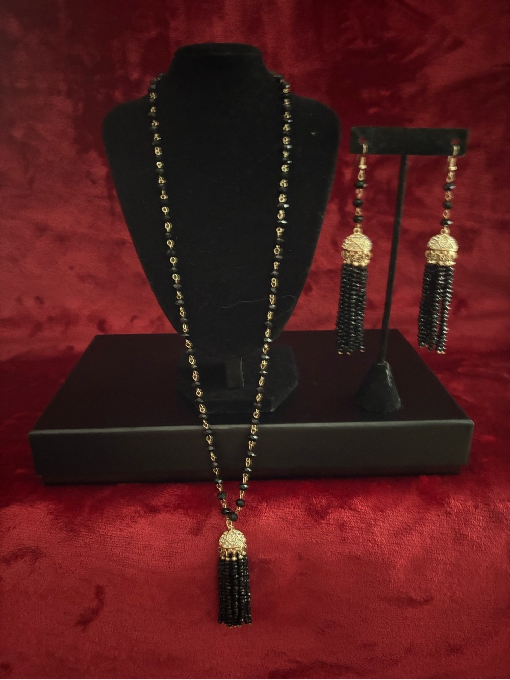 Elegant Black and Gold Tassel Necklace & Earring Set